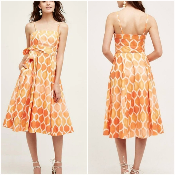 Anthropologie, New, Maeve Freya Coral Poplin Fit & Flare Midi Sun Dress, Size 6 - Picture 1 of 15